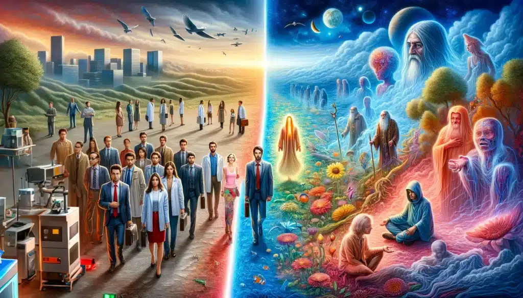 En bild som visar polariseringen mellan vetenskapssamhället och det andliga samfundet gällande klar drömmande, utomkroppsliga upplevelser och sömnparalys, med en gräns av färgrik drömlandskap.