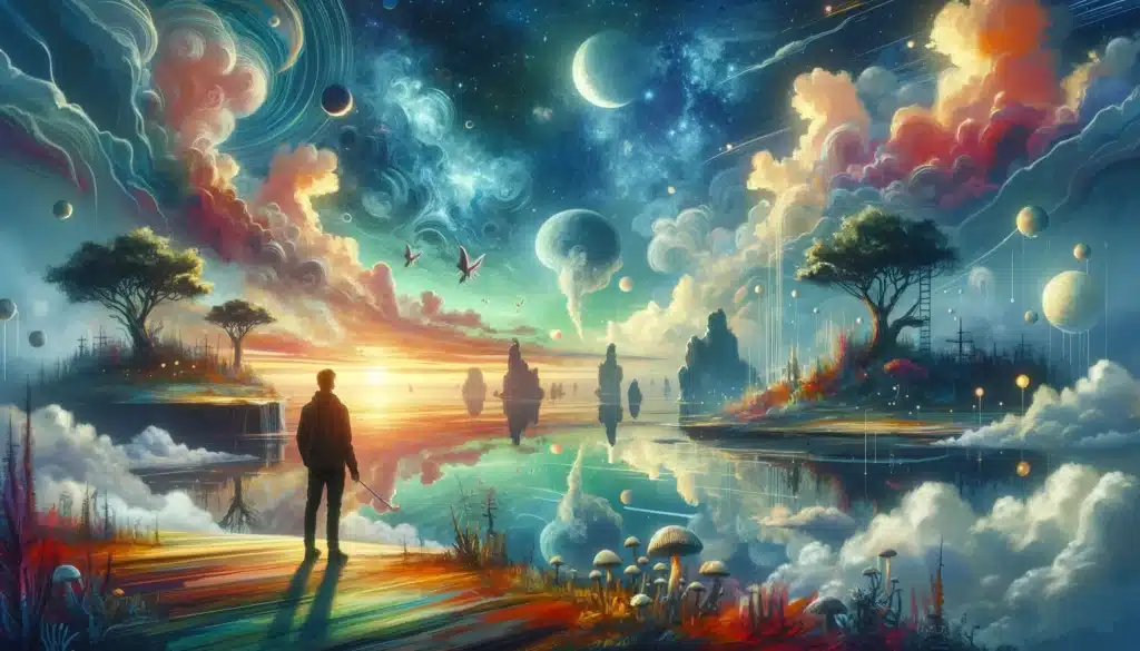 描绘32年清醒梦探索之旅的超现实梦境插图，其中包括一个沉思的男性人物、漂浮岛屿和绚丽的天空。