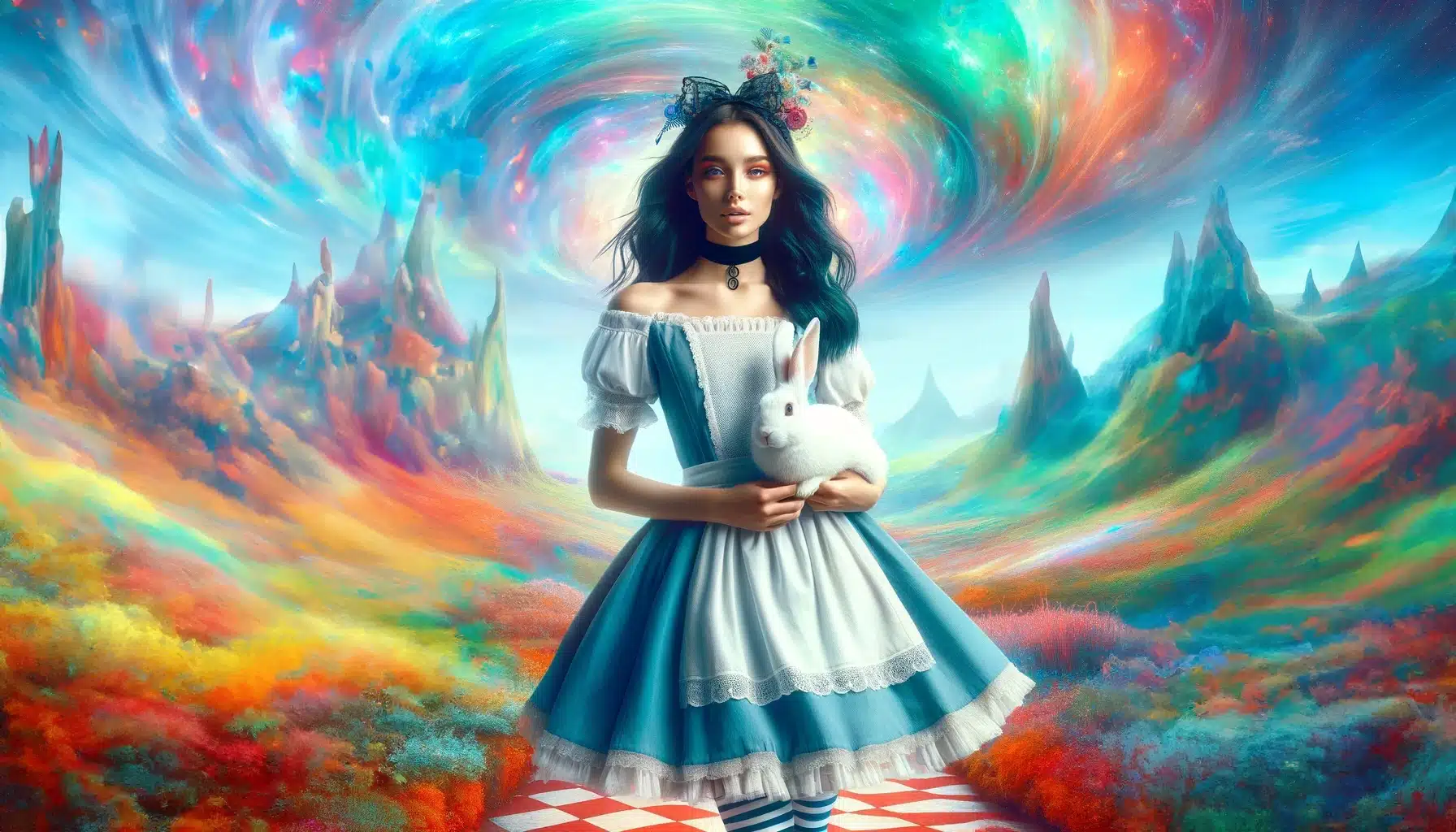 Modern interpretation of Alice in Wonderland in a vibrant, surreal landscape, symbolizing curiosity and adventure in dream exploration.