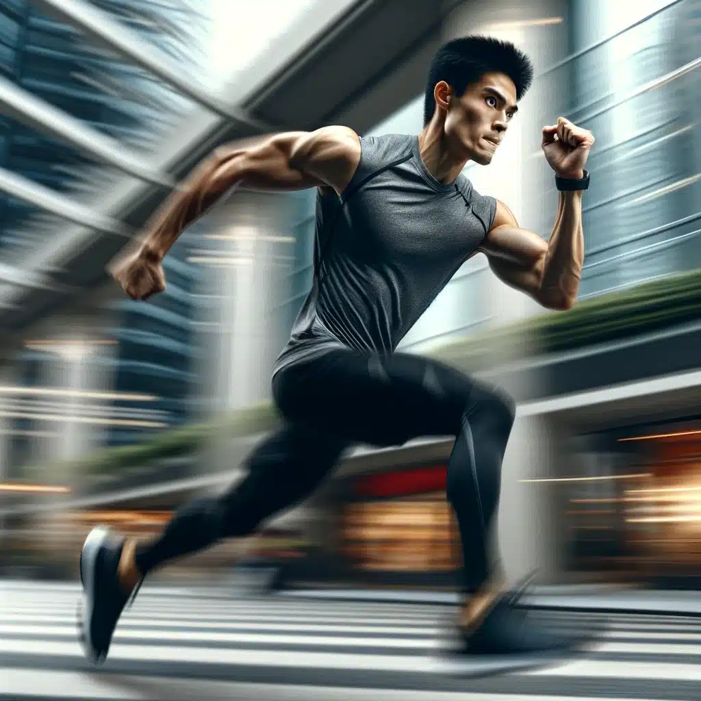 在现代中国城市环境中极速奔跑的中国籍运动型青年，展现了他惊人的速度和体能