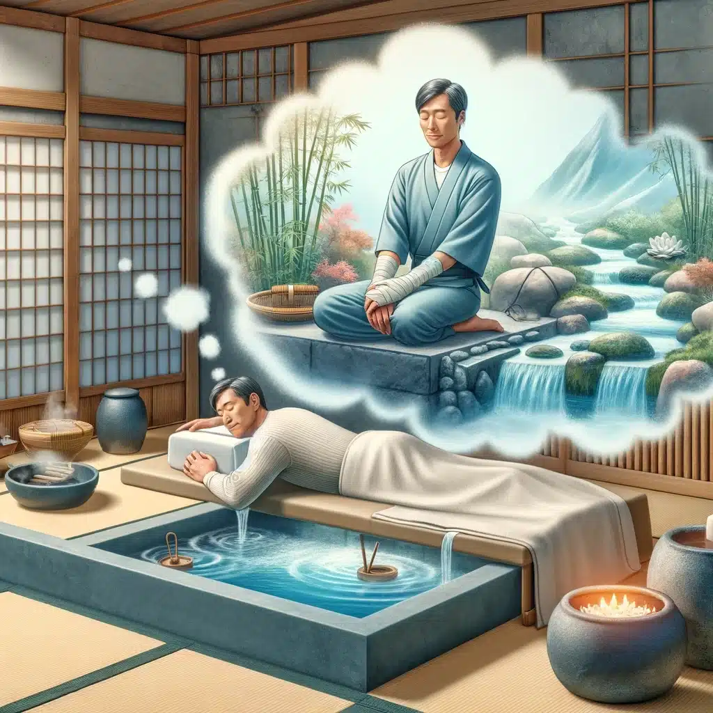 夢の中で日本の癒しの環境に身を置く中年の日本人男性が、指圧マッサージや温泉療法、瞑想などの治療技術を活用している様子