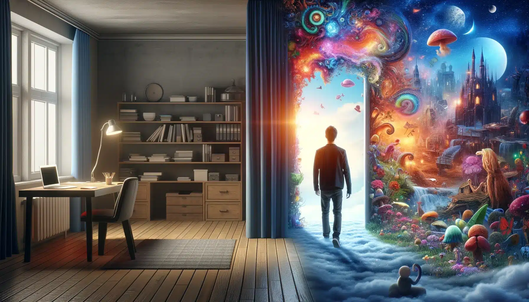 A person stands at the threshold between a standard room and a vibrant dream world, symbolizing the transition from everyday reality to the imaginative realm of Lucid Dreaming, as taught in our comprehensive course.