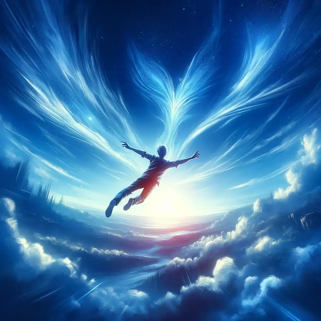 Person experiencing the joy and freedom of flying in a lucid dream, soaring through a clear blue sky above a beautiful landscape, representing the limitless possibilities of dream exploration.