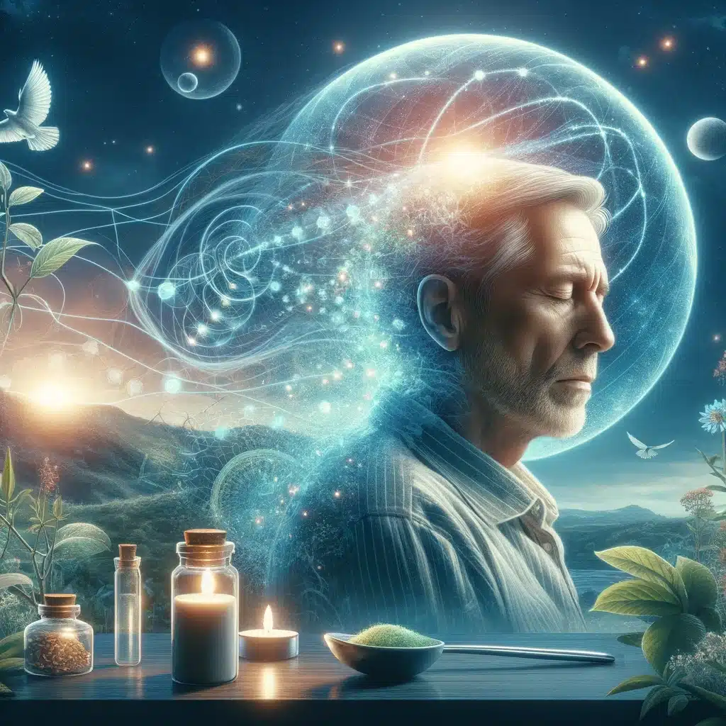 A middle-aged man in his 50s in a lucid dream, in a tranquil environment symbolizing health and recovery, such as medicinal plants or a serene landscape, showcasing Lucid Dreaming as a tool for mental and physical rejuvenation and the mind's power in healing.
