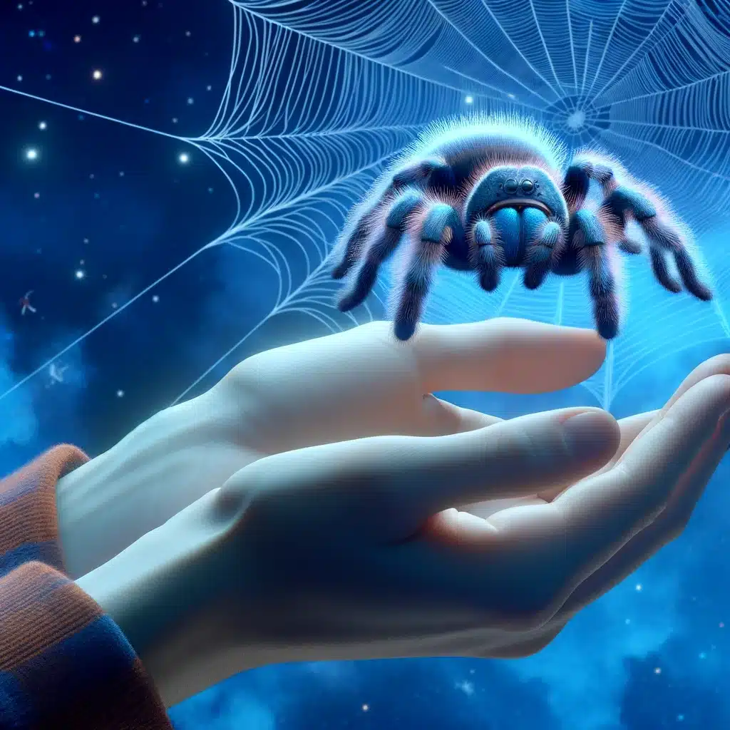 A photorealistic image of a person in a lucid dream holding a cute and friendly-looking spider, representing the overcoming of fears with curiosity and affection, symbolizing the positive reimagining of fears in the safe environment of Lucid Dreaming.