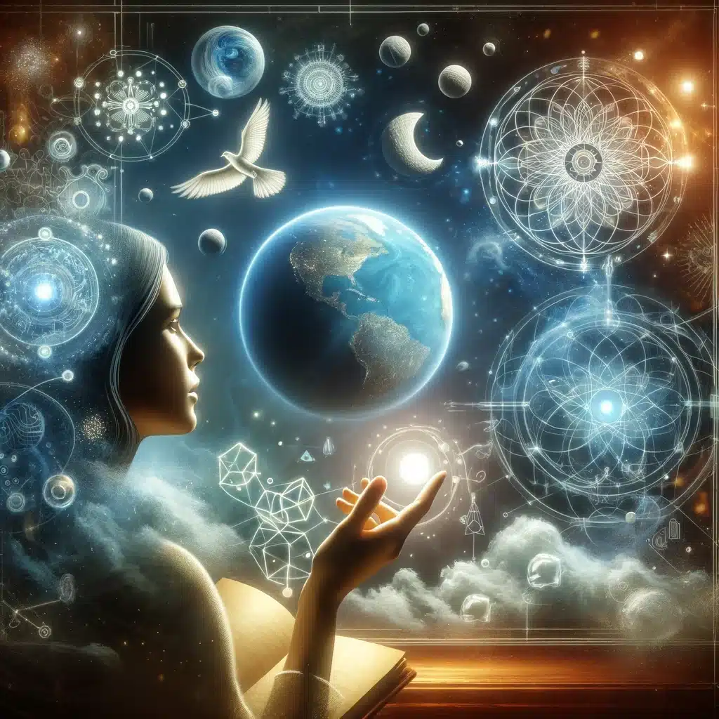 A woman in a lucid dream looks at a symbolic representation of the earth or a complex problem, surrounded by elements symbolizing clarity and enlightenment, capturing the use of Lucid Dreaming to broaden perspectives and solve real-world problems.