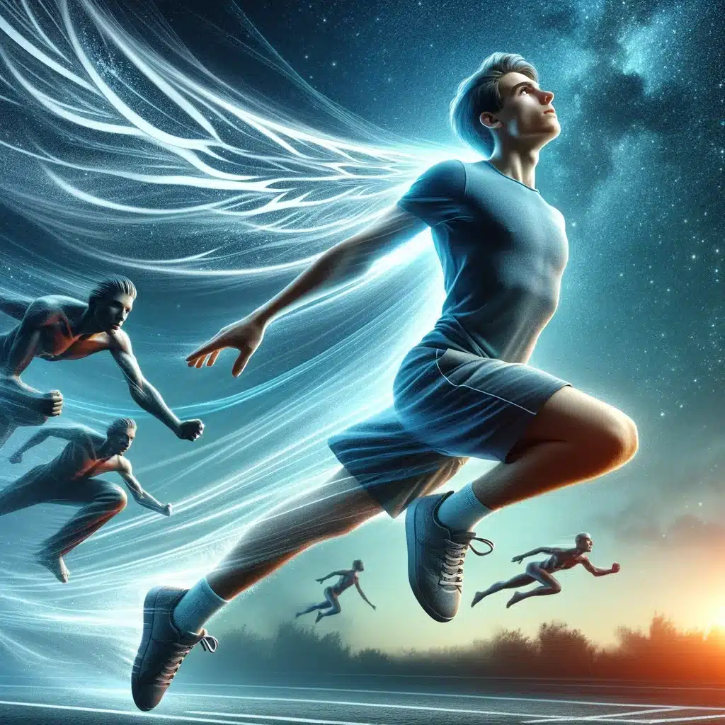 A male teenager in a lucid dream engaging in incredible physical activities like acrobatics and running at superhuman speed, symbolizing the exploration and enjoyment of enhanced physical capabilities beyond the limits of the waking world.