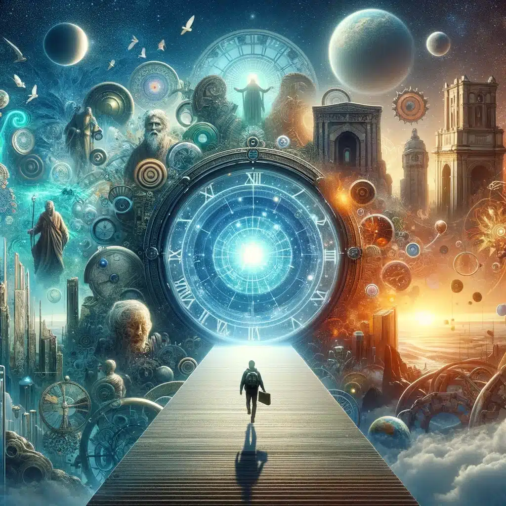 An explorer standing at a portal between ancient ruins and a futuristic city, symbolizing the ability to traverse various realms and times in Lucid Dreaming, from historical to futuristic settings in one seamless experience.