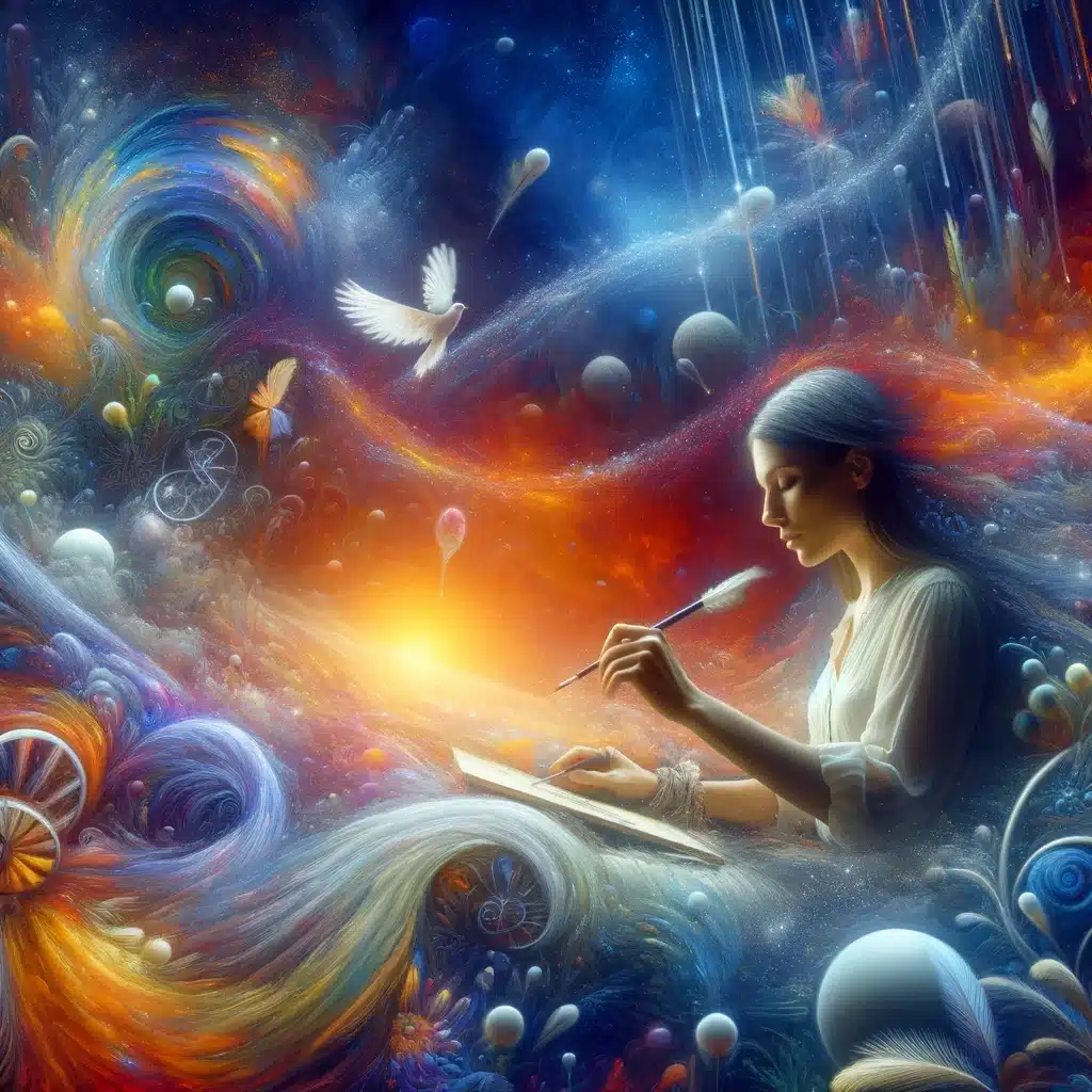 A woman in a lucid dream is deeply immersed in artistic creation, engaged in activities like painting, writing, or playing music, surrounded by vibrant colors and imaginative elements, showcasing the limitless potential for creativity in the world of Lucid Dreaming.