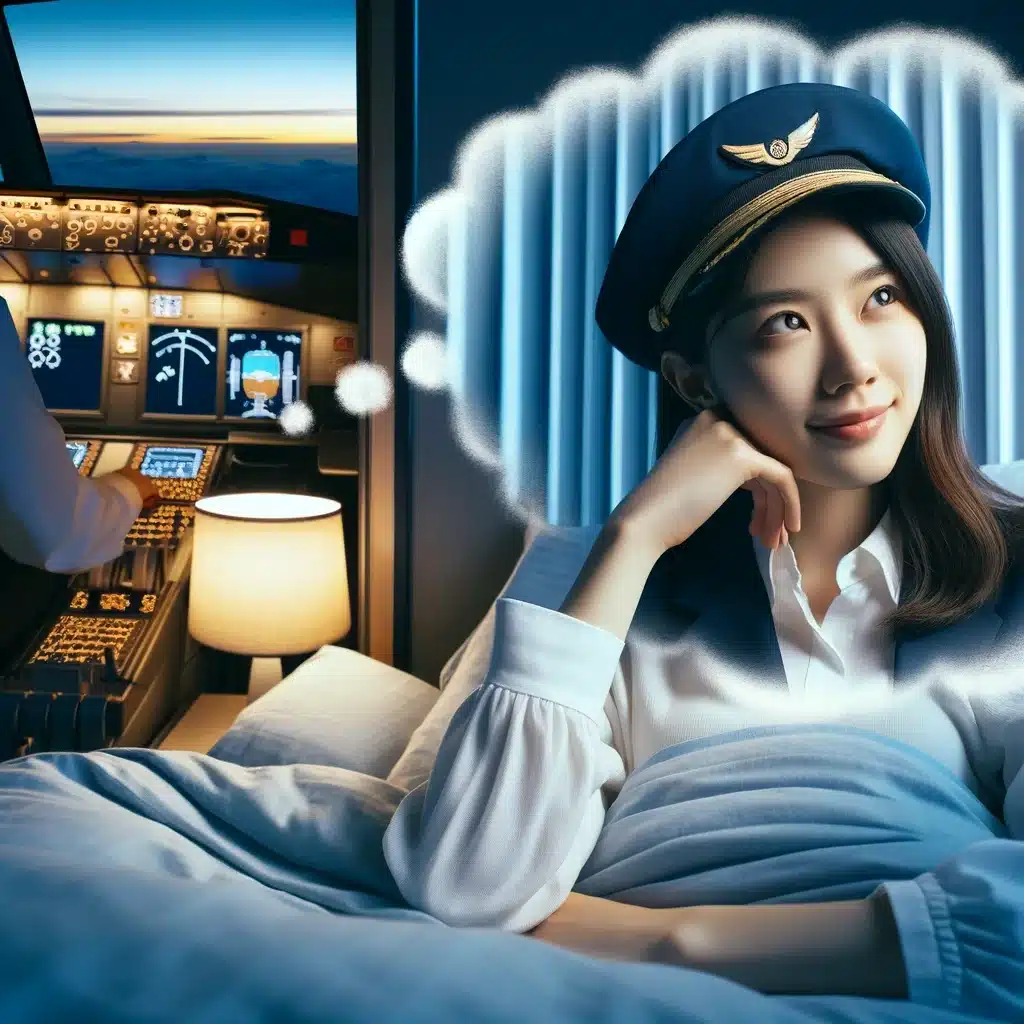 平静地做梦的年轻中国女性，想象自己作为一名自信的商用飞机飞行员，象征着她的梦想和抱负