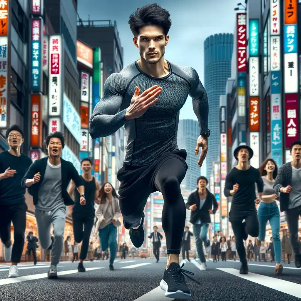 東京の街を素早く走る魅力的で運動神経抜群の日本人青年。周囲の人々が彼の速さと敏捷性に驚きと賞賛を示している様子