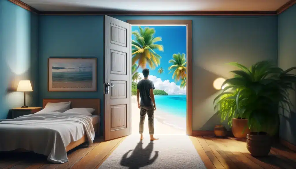 Man opening door in bedroom to reveal a paradise beach, symbolizing dream transition.