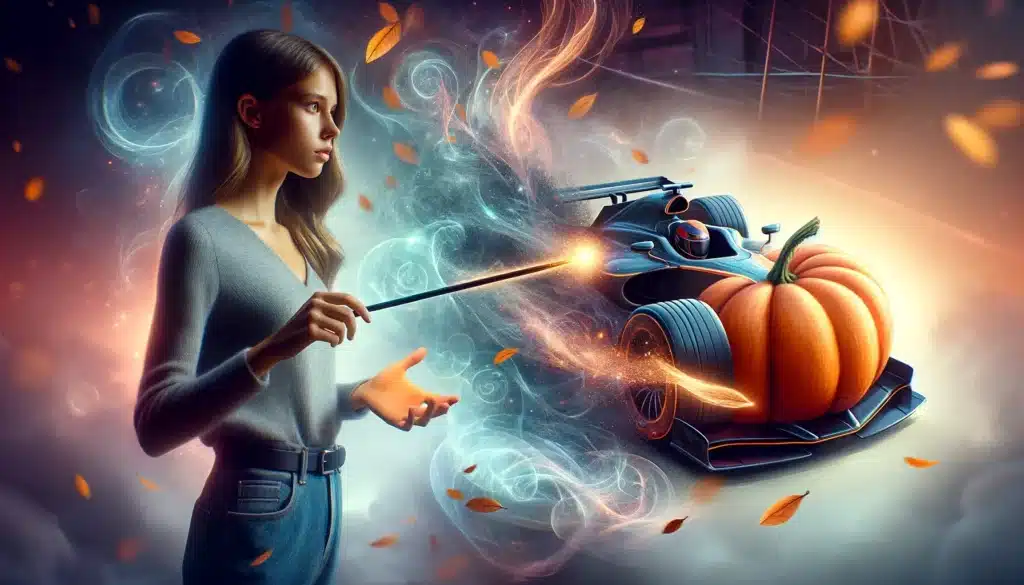Young woman using magic wand in lucid dream to transform pumpkin into racer car.