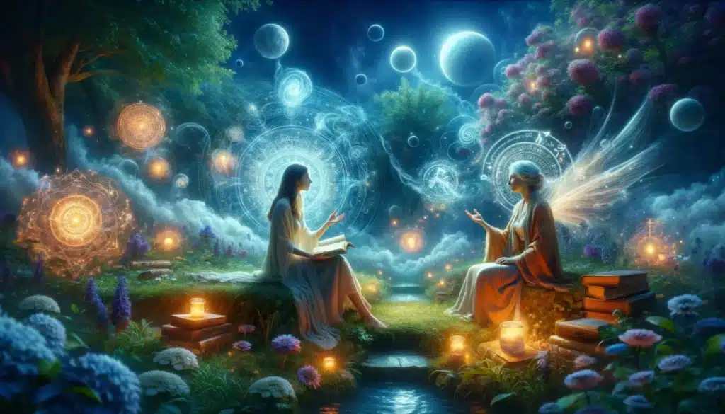 Female seeker and mentor in a knowledge-rich garden in a lucid dream.