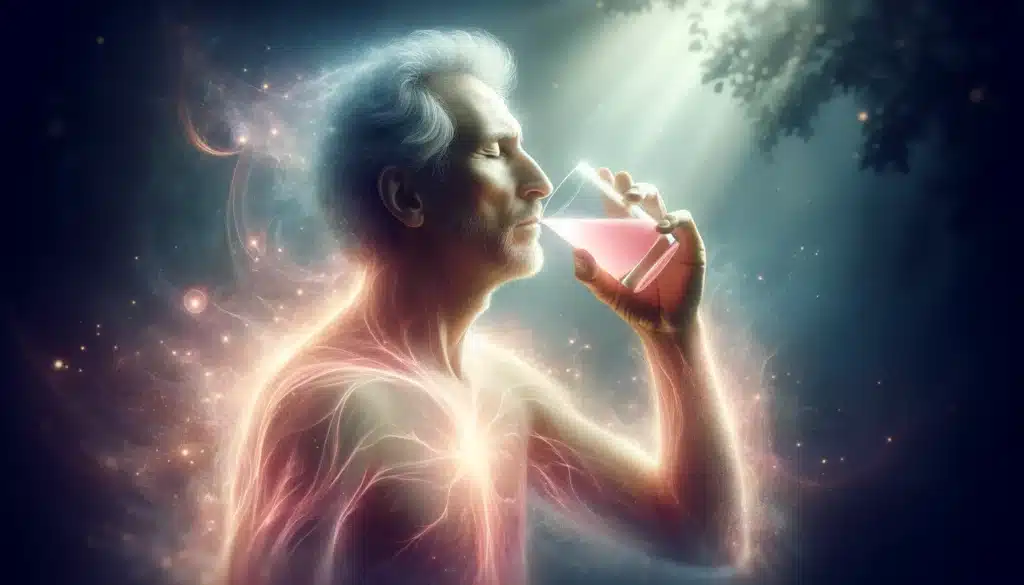 Middle-aged man experiencing healing glow from drinking luminescent pink mixture in a dream-like setting.