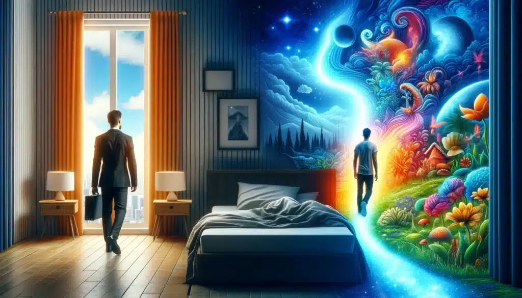 Illustration of a room divided into three parts showing a man's journey from an ordinary bedroom to OBE and a vibrant fantasy world, representing the transition from reality into the realm of lucid dreaming.